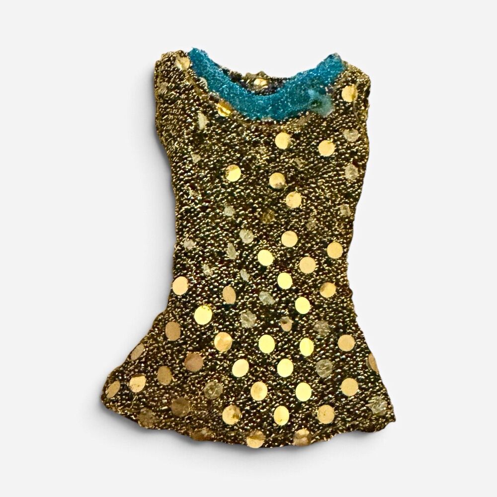 Gold Polka Dot Sequin Barbie Mattel Fashion Doll Tank Top Shirt Blue Trim Collar